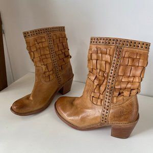 FRYE Carmen Woven Basket Weave Mid Calf - Whiskey Leather Boots